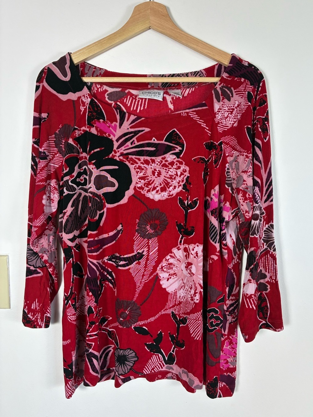 Chicos Travelers 3(XL) Top Red Floral Square Neck 3/4 Sleeve Boho Artsy